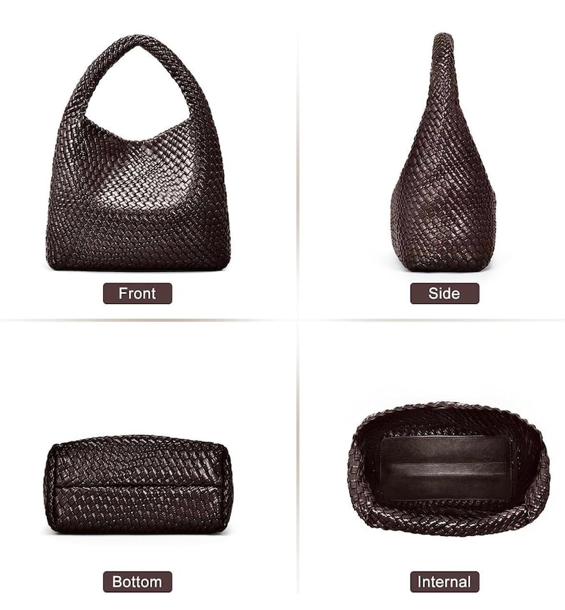 May include: A dark brown woven handbag, shown from multiple angles. The bag has a large, open top and a braided handle. The front, side, bottom, and internal views are displayed, showcasing the bag's texture and design.