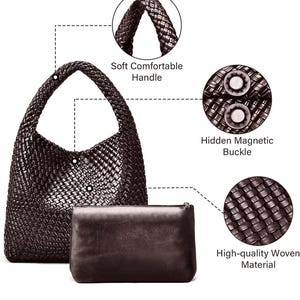 May include: A dark brown woven leather handbag with a soft, comfortable handle. The bag features a hidden magnetic buckle and includes a matching pouch. The high-quality woven material is visible in detail.