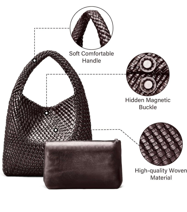May include: A dark brown woven leather handbag with a soft, comfortable handle. The bag features a hidden magnetic buckle and includes a matching pouch. The high-quality woven material is visible in detail.