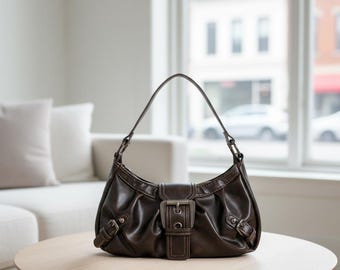 Vintage Black Leather Baguette Bag - Buckle Detail - Y2K Retro Black and Brown Shoulder Bag - 90s Croissant Style