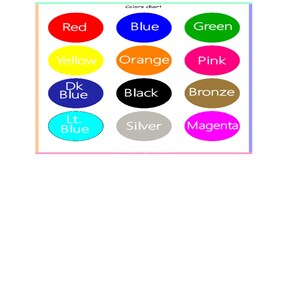 K&ouml;nnte beinhalten: Eine Farbtafel mit der &Uuml;berschrift "Colors chart". Die Tafel zeigt zw&ouml;lf farbige Ovale, die jeweils mit einem Farbnamen beschriftet sind: Rot, Blau, Gr&uuml;n, Gelb, Orange, Pink, Dunkelblau, Schwarz, Bronze, Hellblau, Silber und Magenta.