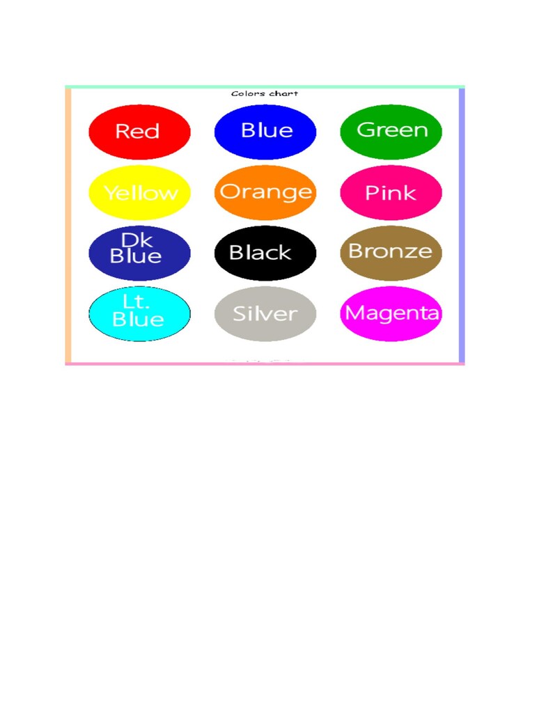 K&ouml;nnte beinhalten: Eine Farbtafel mit der &Uuml;berschrift "Colors chart". Die Tafel zeigt zw&ouml;lf farbige Ovale, die jeweils mit einem Farbnamen beschriftet sind: Rot, Blau, Gr&uuml;n, Gelb, Orange, Pink, Dunkelblau, Schwarz, Bronze, Hellblau, Silber und Magenta.