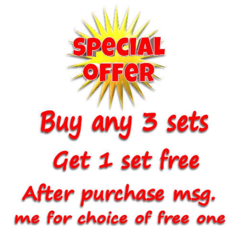 Puede incluir: Imagen con el texto "SPECIAL OFFER" en letras rojas sobre un dise&ntilde;o de estrella amarilla. Debajo, el texto dice "Buy any 3 sets Get 1 set free After purchase msg. me for choice of free one."