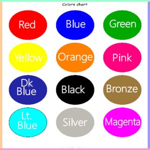 Puede incluir: Una tabla de colores con el texto "Colors chart" en la parte superior. La tabla muestra doce c&iacute;rculos de colores, cada uno etiquetado con un nombre de color: Rojo, Azul, Verde, Amarillo, Naranja, Rosa, Azul Oscuro, Negro, Bronce, Azul Claro, Plata y Magenta.