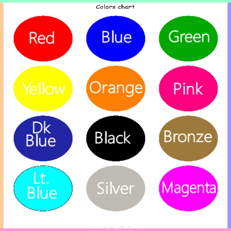 Puede incluir: Una tabla de colores con el texto "Colors chart" en la parte superior. La tabla muestra doce c&iacute;rculos de colores, cada uno etiquetado con un nombre de color: Rojo, Azul, Verde, Amarillo, Naranja, Rosa, Azul Oscuro, Negro, Bronce, Azul Claro, Plata y Magenta.