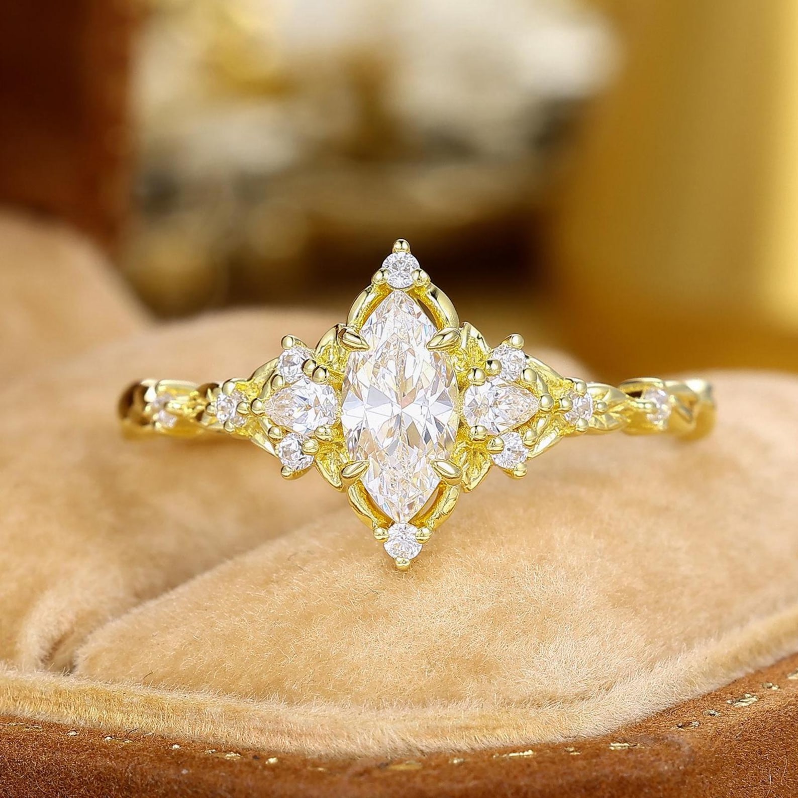 Art Deco Marquise Moissanite Engagement Ring, Yellow Gold Wedding Ring ...