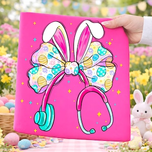 May include: A bright pink medical-themed design featuring a stethoscope and Easter bunny ears. The bow is decorated with colorful Easter eggs. The stethoscope is pink and teal. The design is on a pink background.