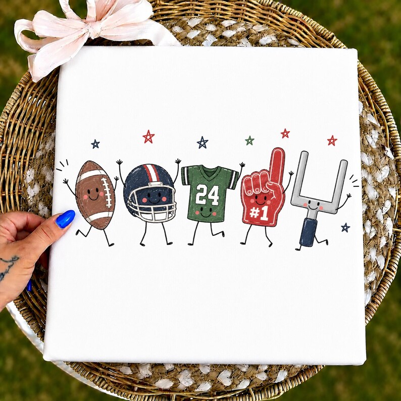 May include: A white square canvas featuring a cartoon illustration of five American football-themed characters with smiling faces, including a brown football, a helmet, a green jersey with the number 24, a red foam finger, and a goal post.