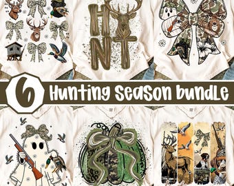 May include: A bundle of six white t-shirts with hunting-themed designs. The designs include deer, bows, ducks, and the text "HUNTING SEASON bundle". Each shirt features a unique graphic in shades of brown, green, and white.
