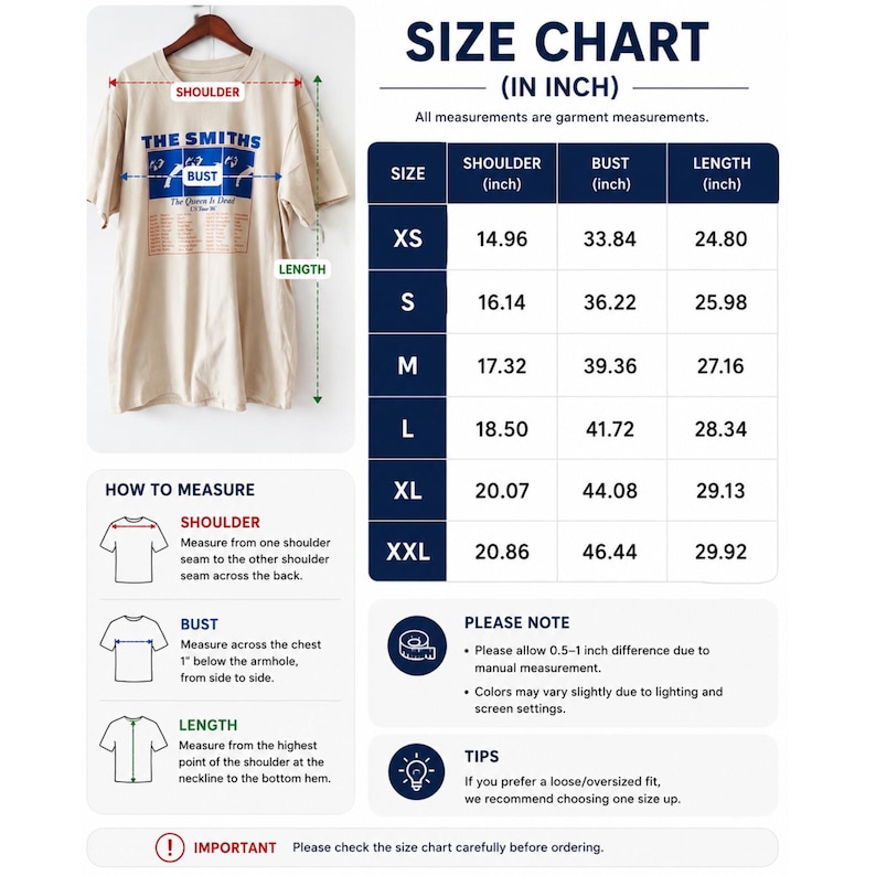 May include: Beige t-shirt with "THE SMITHS" graphic and size chart. The chart shows shoulder, bust, and length measurements in inches for sizes XS to XXL. Includes instructions on how to measure and important notes.
