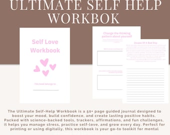 Puede incluir: Un cuaderno de autoayuda titulado "Ultimate Self Help Workbook". La portada del cuaderno es blanca con el título "Self Love Workbook" y corazones rosas. El cuaderno está diseñado para mejorar el estado de ánimo y aumentar la confianza.