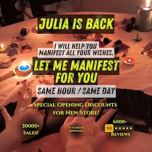 Op de afbeelding: Afbeelding met tekst: "JULIA IS BACK" en "LET ME MANIFEST FOR YOU." Extra tekst omvat "SAME HOUR / SAME DAY" en "SPECIAL OPENING DISCOUNTS FOR NEW STORE!" De afbeelding toont ook kaarsen.