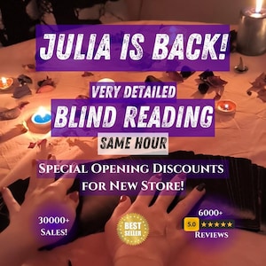 Könnte beinhalten: Werbung für einen Wahrsageservice. Der Text enthält "JULIA IS BACK!" und "VERY DETAILED BLIND READING SAME HOUR." Weitere Texte heben "SPECIAL OPENING DISCOUNTS" und "30000+ SALES!" mit einem "BEST SELLER"-Abzeichen und "6000+ REVIEWS" hervor.