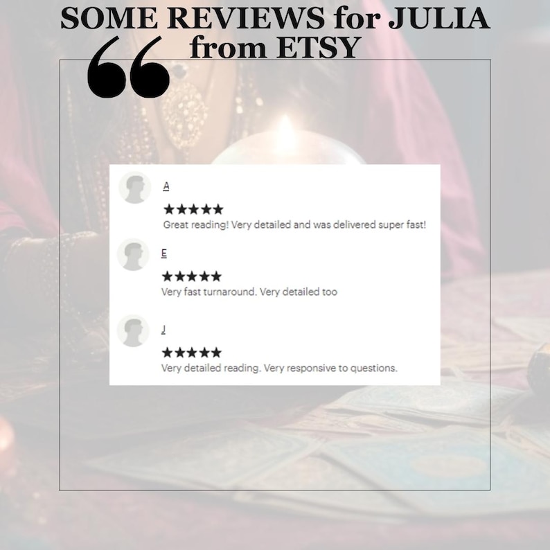 May include: Image featuring Etsy reviews for Julia. The text reads "SOME REVIEWS for JULIA from ETSY." Reviews include comments about detailed readings and fast turnaround. The image has a soft, warm background with a lit candle.