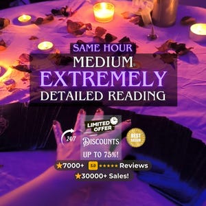 May include: An image featuring a table setting with lit candles, rose petals, and a hand reaching towards a deck of cards. Text overlays read "SAME HOUR MEDIUM EXTREMELY DETAILED READING" and promotional details including discounts and reviews.
