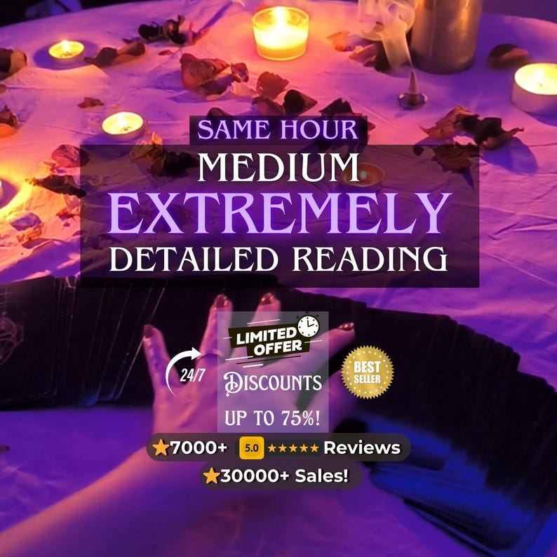 May include: An image featuring a table setting with lit candles, rose petals, and a hand reaching towards a deck of cards. Text overlays read "SAME HOUR MEDIUM EXTREMELY DETAILED READING" and promotional details including discounts and reviews.