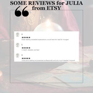 May include: Image featuring Etsy reviews for Julia. The text reads "SOME REVIEWS for JULIA from ETSY." Reviews include phrases like "Great reading, exceeded expectations" and "in depth, detailed, and fast!" A lit candle and tarot cards are visible.