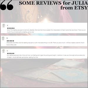 May include: Image featuring customer reviews for Julia from Etsy. The reviews are displayed in white text on a light background. The text includes positive feedback about readings, with a five-star rating system.