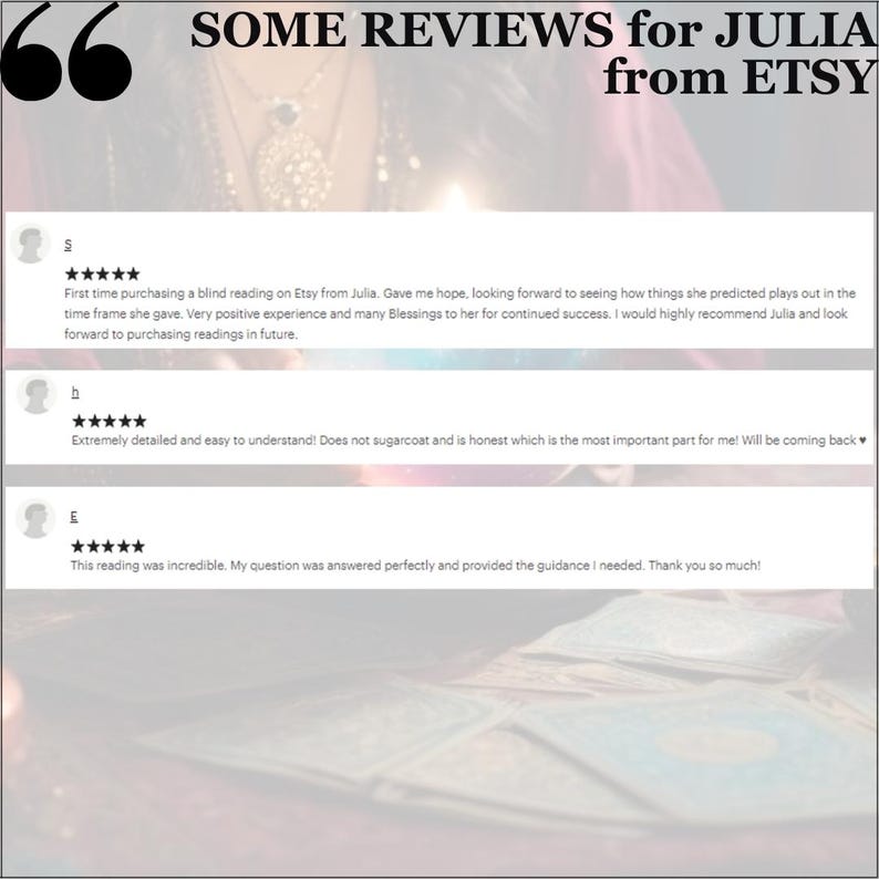 May include: Image featuring customer reviews for Julia from Etsy. The reviews are displayed in a white box with a blurred background. The text includes positive feedback about readings, with phrases like "positive experience" and "highly recommend".