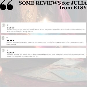 May include: Image featuring customer reviews for Julia from Etsy. The reviews are displayed in white text on a light background. The text includes positive feedback about readings, with a five-star rating system.