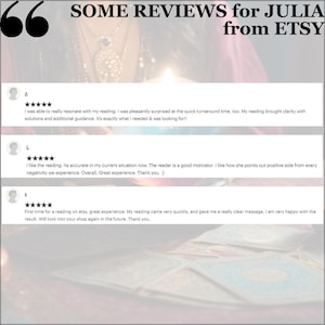 May include: Image featuring customer reviews for Julia from Etsy. The reviews are displayed in white text on a light background, with a five-star rating system. The reviews highlight positive experiences and satisfaction with the readings.