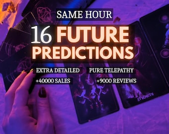 Może przedstawiać: Kolekcja ciemnych kart tarota rozłożonych w fioletowym świetle. Nałożone napisy to: SAME HOUR, 16 FUTURE PREDICTIONS, EXTRA DETAILED, PURE TELEPATHY, +40000 SALES oraz +9000 REVIEWS. Jedna z kart jest oznaczona napisem STRENGTH.