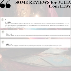 May include: Image featuring customer reviews for Julia from Etsy. The reviews are displayed in a white box with a blurred background. The text includes positive feedback about readings, with phrases like "positive experience" and "highly recommend".
