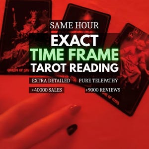 May include: Three tarot cards with dark imagery are displayed against a red background. Text overlays read: SAME HOUR EXACT TIME FRAME TAROT READING, EXTRA DETAILED, PURE TELEPATHY, +40000 SALES, and +9000 REVIEWS. A hand is visible in the foreground.
