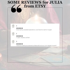 May include: Image featuring Etsy reviews for Julia. The text reads "SOME REVIEWS for JULIA from ETSY." Reviews include phrases like "Great reading, exceeded expectations" and "in depth, detailed, and fast!" A lit candle and tarot cards are visible.