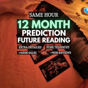 May include: A deck of black tarot cards with red and white illustrations, including the Five of Wands, spread on a surface. Text reads: SAME HOUR 12 MONTH PREDICTION FUTURE READING, EXTRA DETAILED, PURE TELEPATHY, +40000 SALES, +9000 REVIEWS.