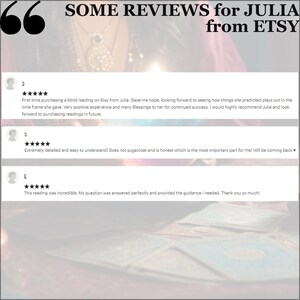 May include: Image featuring customer reviews for Julia from Etsy. The reviews are displayed in a white box with a blurred background. The text includes positive feedback about readings, with phrases like "positive experience" and "highly recommend".