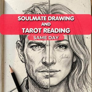 Può includere: Un bozzetto a matita dei volti di un uomo e di una donna, divisi a metà. Il testo "SOULMATE DRAWING AND TAROT READING SAME DAY" è in uno striscione rosso in alto. Il nome della donna, "Julia", è scritto sulla sua guancia.