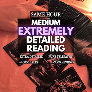 May include: A deck of black tarot cards with gold lettering and illustrations, including The Magician and Knight of Cups. Text overlays read: SAME HOUR MEDIUM EXTREMELY DETAILED READING, EXTRA DETAILED, PURE TELEPATHY, +40000 SALES, +9000 REVIEWS.