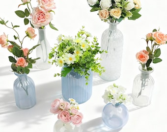 Mini jarrones de cristal estilo vintage, colección de jarrones retro boho, cristal azul vintage para decoración de estantes, mesa de boda o como regalo de inauguración.
