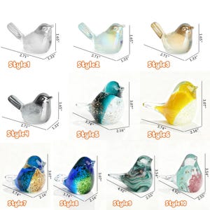 May include: A collection of ten glass bird figurines in various colors and styles. Each bird is approximately 2.71 inches long, 1.65 inches tall, and 1.33 inches wide. Styles include clear, iridescent, and multicolored designs, with some measuring up to 3.74 inches long.