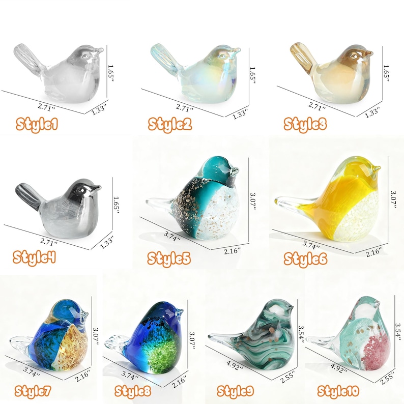 May include: A collection of ten glass bird figurines in various colors and styles. Each bird is approximately 2.71 inches long, 1.65 inches tall, and 1.33 inches wide. Styles include clear, iridescent, and multicolored designs, with some measuring up to 3.74 inches long.