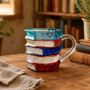 May include: A glass mug shaped like a stack of four books with a clear handle. The books are colored in alternating layers of blue, white, dark blue, white, and red. The glass features textured, embossed details on the spines and covers.