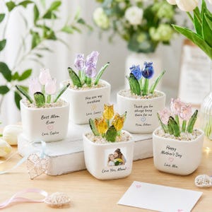 Puede incluir: Cinco pequeñas macetas cuadradas de cerámica blanca con tulipanes de cristal en rosa, morado, azul y amarillo. Cada maceta está llena de pequeñas piedras blancas y presenta textos y mensajes impresos, incluyendo los nombres Sophie, Lucas, Ethan y Mia.