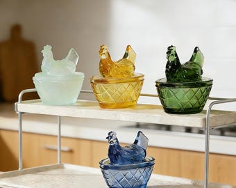 Gift for her,Cute gift idea,Mini salt cellar,Glass Hen on Nest Chicken Salt Cellar Dish,Vintage Style Decor,Beautiful and small,Mothers Day