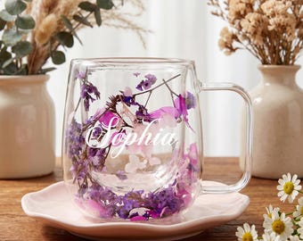 Gepersonaliseerde glazen mok met gedroogde bloemen en handvat, mok met kleurrijke bloemen, unieke kunst drinkgerei, bruidsfeest, verjaardagscadeaus voor moeder, oma