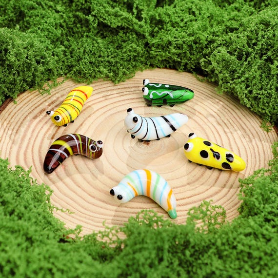 Christmas Handmade Glass Caterpillar Figurine,Blown Glass Tiny Caterpillar,Colorful Cute Worm,Art Glass Animals,Miniature Fairy Garden Decor