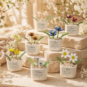 May include: Seven small white ceramic square planters, each containing two glass flowers and pebbles. Each planter features a unique name and a short sentiment printed in black text, such as Evelyn, Ava, Adora, Olive, Emily, Victoria, and Mom.