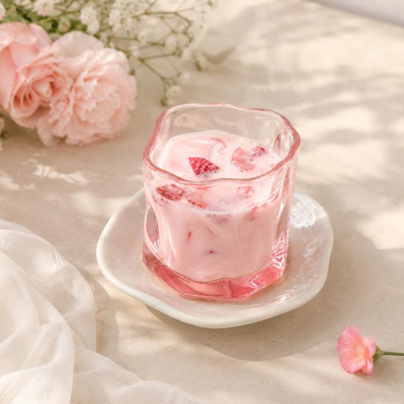 May include: A clear, wavy-rimmed glass tumbler filled with a creamy pink strawberry milk beverage containing visible red strawberry pieces. The glass sits on a small, irregular white ceramic saucer, accompanied by soft pink flowers.