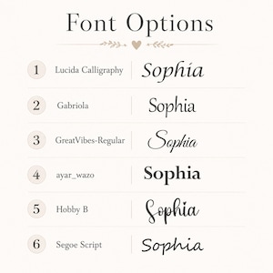 May include: A chart titled Font Options displaying six numbered rows. Each row lists a font name followed by the name Sophia written in that specific typeface. The fonts are Lucida Calligraphy, Gabriola, GreatVibes-Regular, ayar_wazo, Hobby B, and Segoe Script.