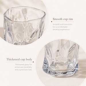 May include: A clear glass cup featuring a textured, wavy surface design. The image highlights a smooth cup rim and a thickened cup body, showcasing the glass construction and the irregular, organic shape of the vessel from two different angles.