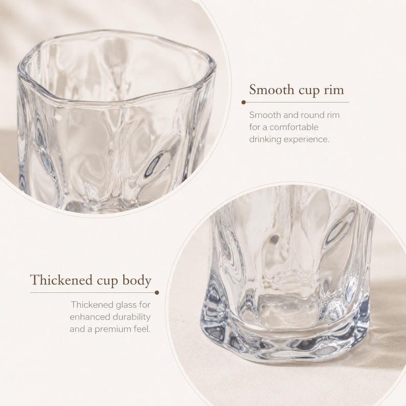 May include: A clear glass cup featuring a textured, wavy surface design. The image highlights a smooth cup rim and a thickened cup body, showcasing the glass construction and the irregular, organic shape of the vessel from two different angles.