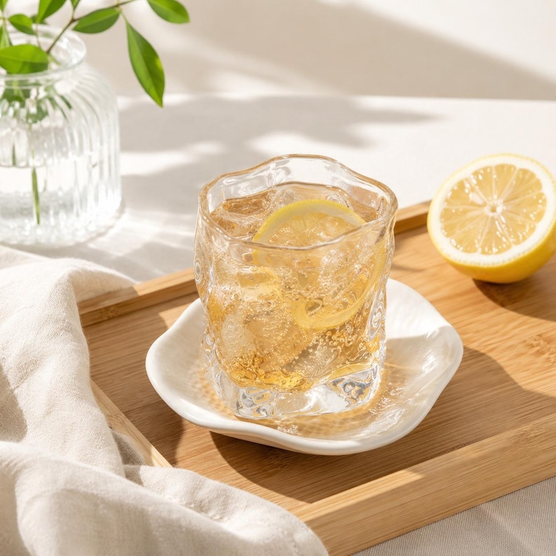 May include: A clear, textured glass tumbler filled with a golden liquid, ice cubes, and a lemon slice, resting on a white, wavy-edged ceramic saucer. The glass features an irregular, organic shape with a rippled surface texture throughout.