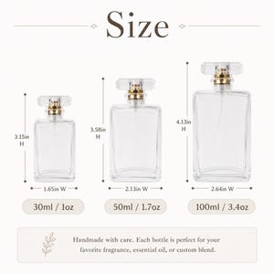 May include: Three clear rectangular glass perfume bottles with gold spray nozzles and transparent caps. Dimensions are 3.15in H by 1.65in W for 30ml/1oz, 3.58in H by 2.13in W for 50ml/1.7oz, and 4.13in H by 2.64in W for 100ml/3.4oz. Text reads Size.