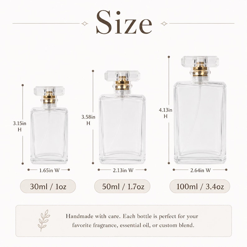 May include: Three clear rectangular glass perfume bottles with gold spray nozzles and transparent caps. Dimensions are 3.15in H by 1.65in W for 30ml/1oz, 3.58in H by 2.13in W for 50ml/1.7oz, and 4.13in H by 2.64in W for 100ml/3.4oz. Text reads Size.