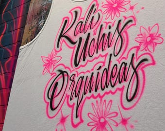Custom Floral Airbrush T shirt lettering design. Personalized Flower shirt, crop top, or tank top with your own name, text, and colors.